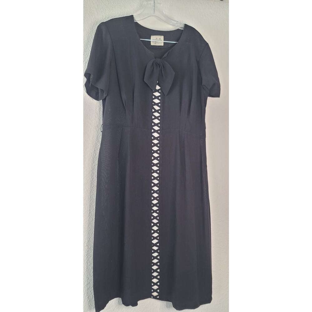 Black Semi-Sheer Short Sleeve Vintage Wednesday Dress Bow Neck Crisscross Detail